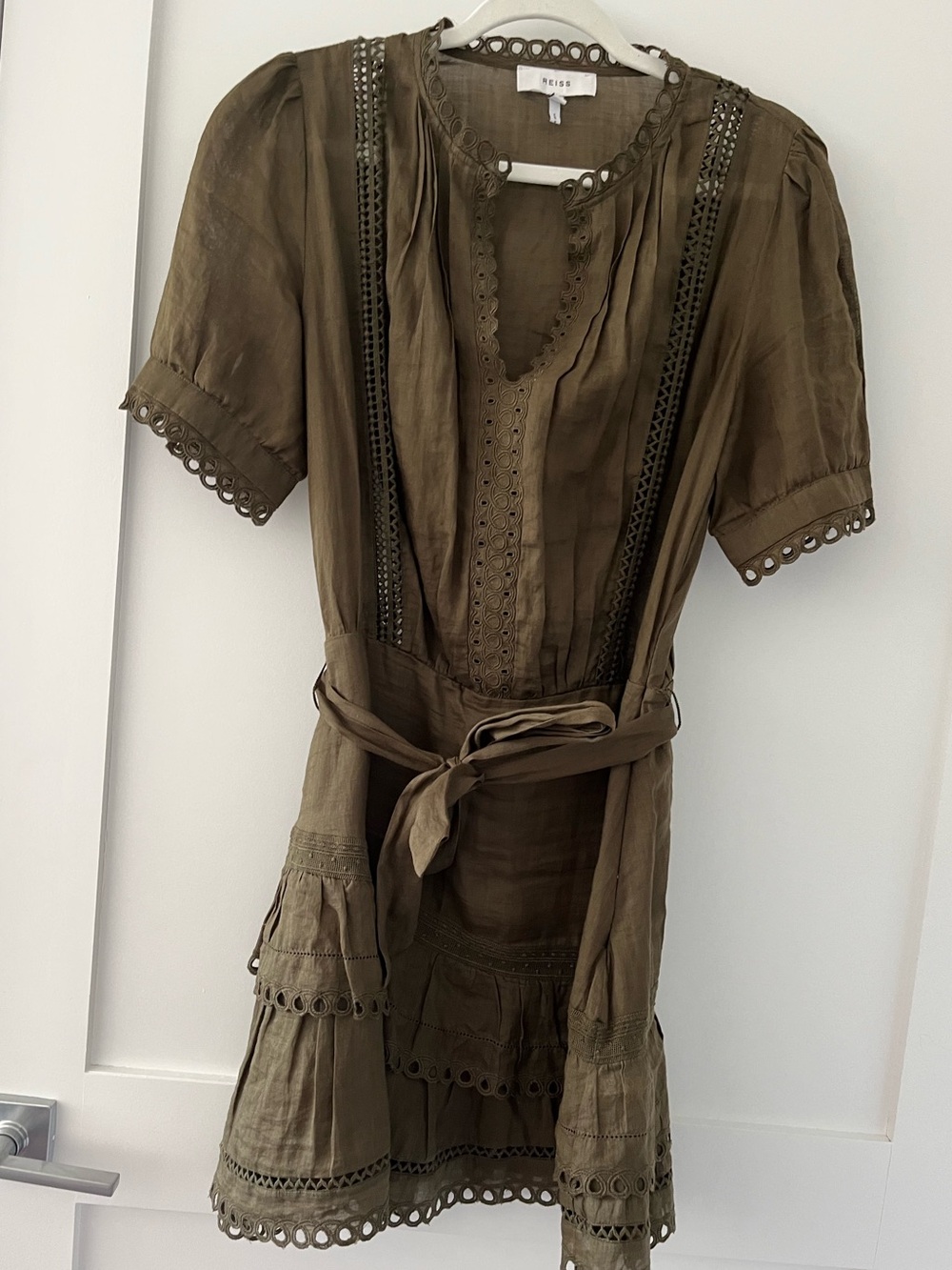 Reiss Olive Green Eyelet-Trim Mini Dress
